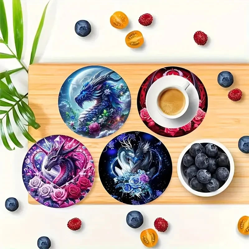 Набор из деревянных подставок под чашки Дракон и розы 6 шт.