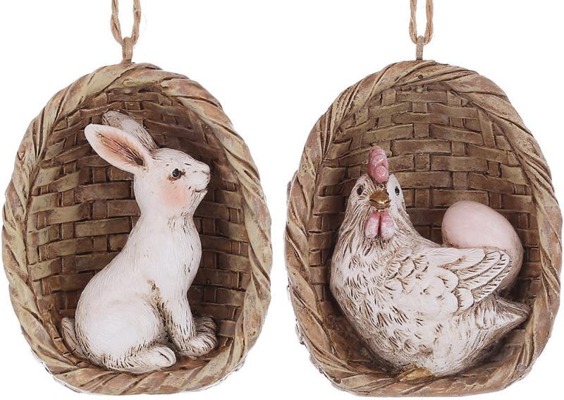 Декоративные подвески Кролик и Курочка в корзине 12 фигурок 7 см Декоративные подвески Кролик и Курочка в корзине 12 фигурок 7 см