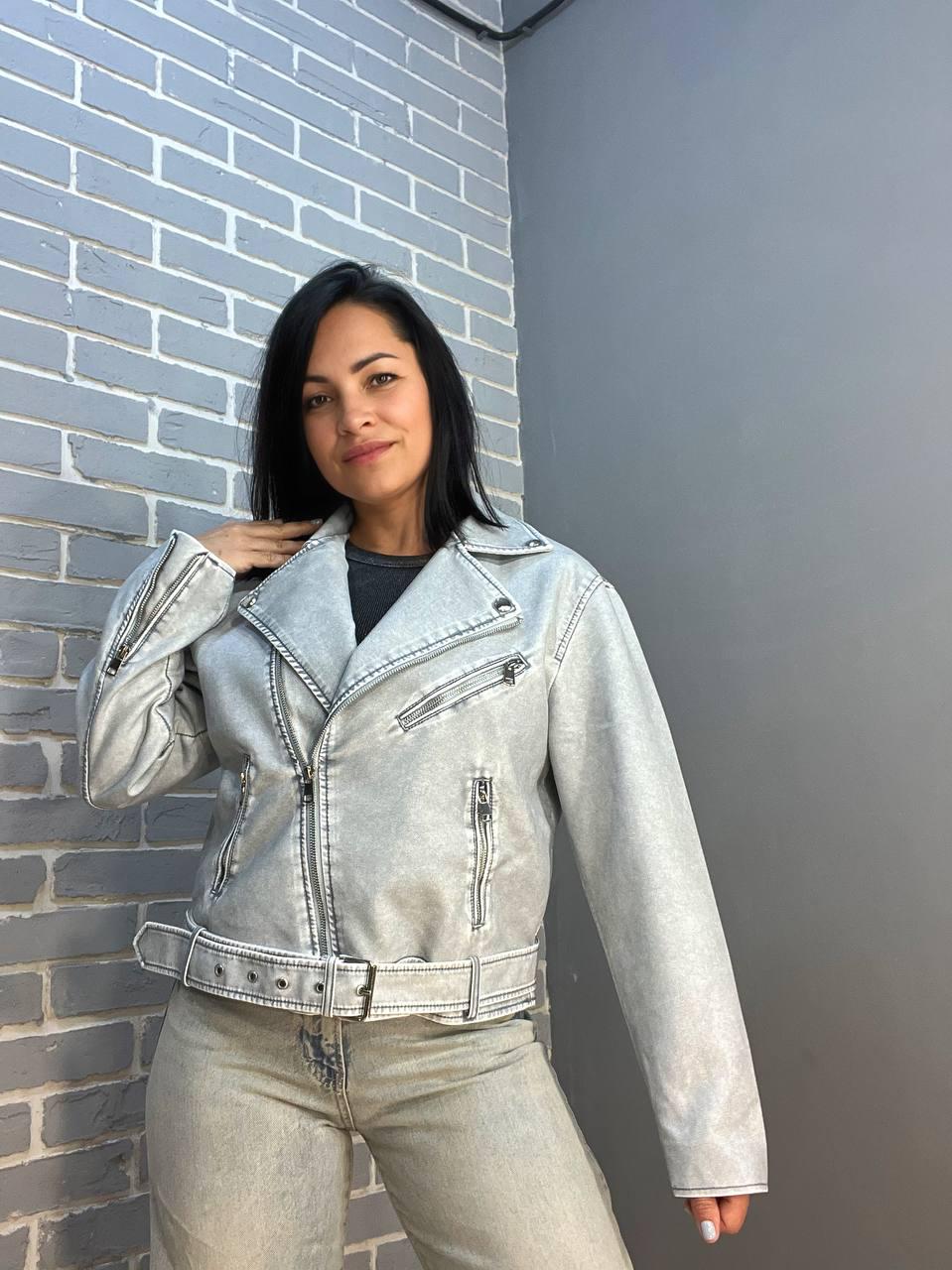 Куртка жіноча Aftf Basic 2362 косуха блискавки пояс варена штучна шкіра на підкладці M Сірий (2245) - фото 6