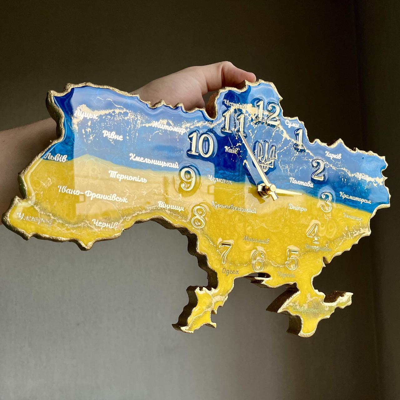 Часы настенные из эпоксидной смолы Карта Украины 70х45 см