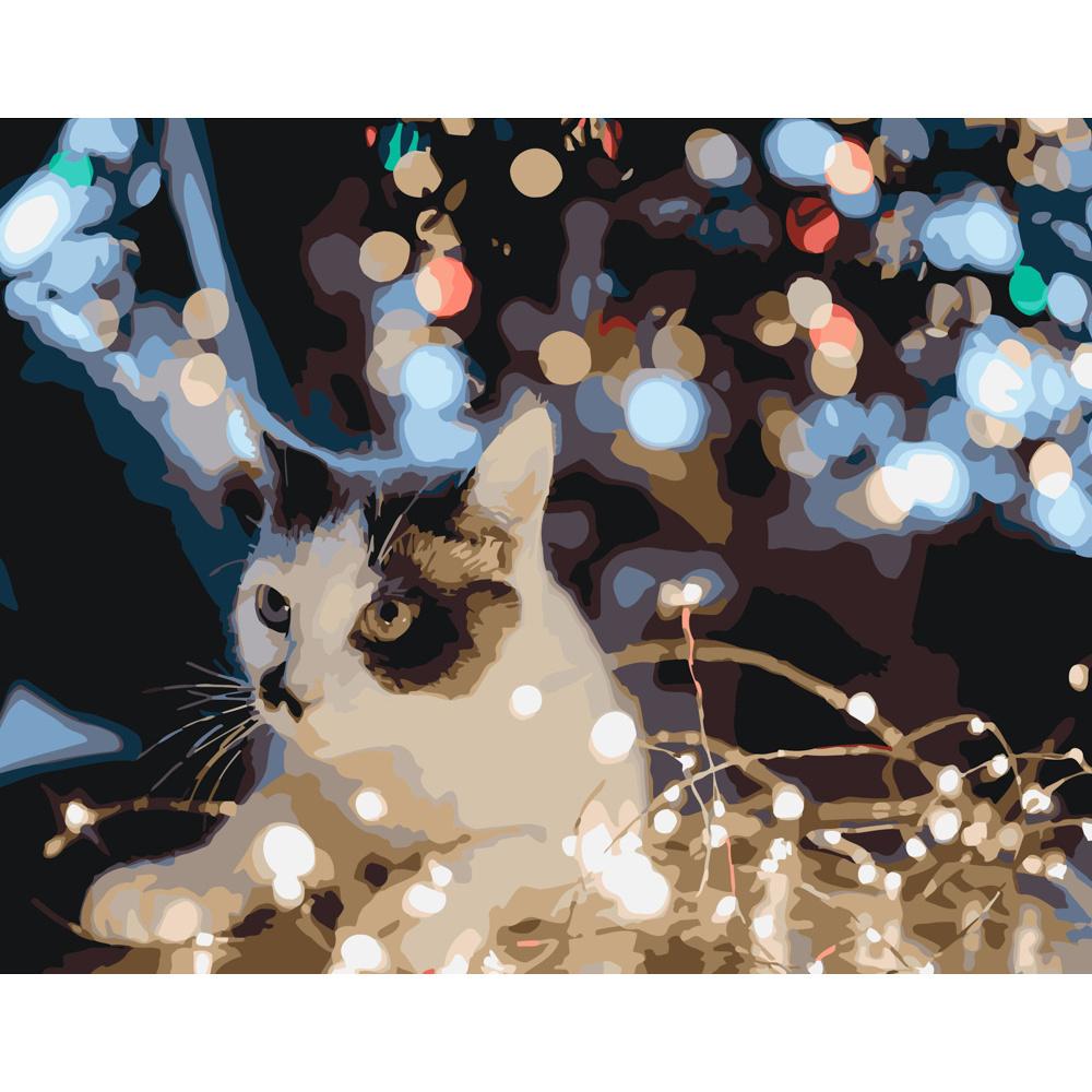 Картина за номерами Strateg Преміум Котик з гірляндою 40x50 см (GS232) Картина за номерами Strateg Преміум Котик з гірляндою 40x50 см (GS232)