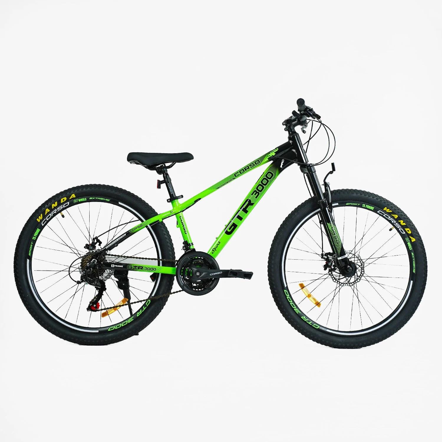 Велосипед спортивный Corso GTR-3000 26" рама алюминиевая 13" оборудование Shimano 21 скорость собран на 75% Green (154200)