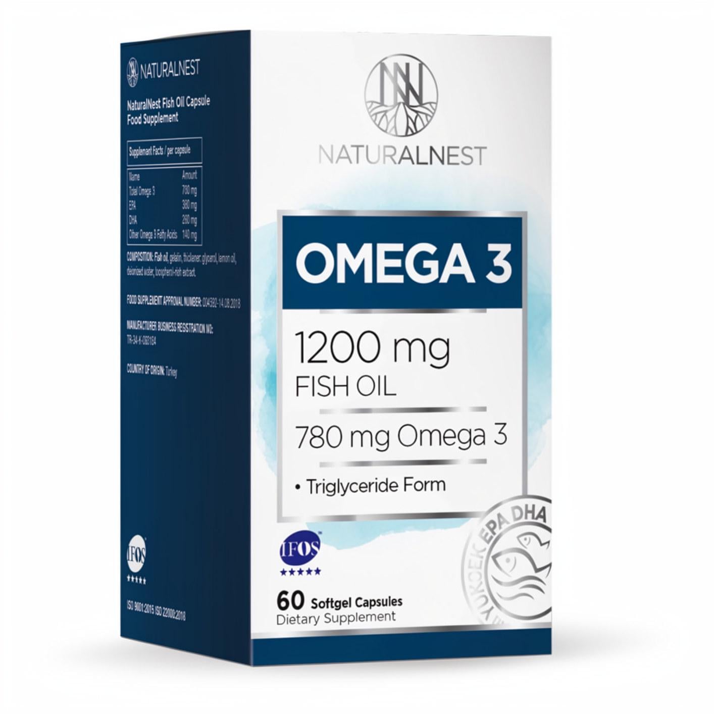 Диетическая добавка Omega 3 NATURALNEST с рыбьим жиром 60 желатиновых капс. (37920103)