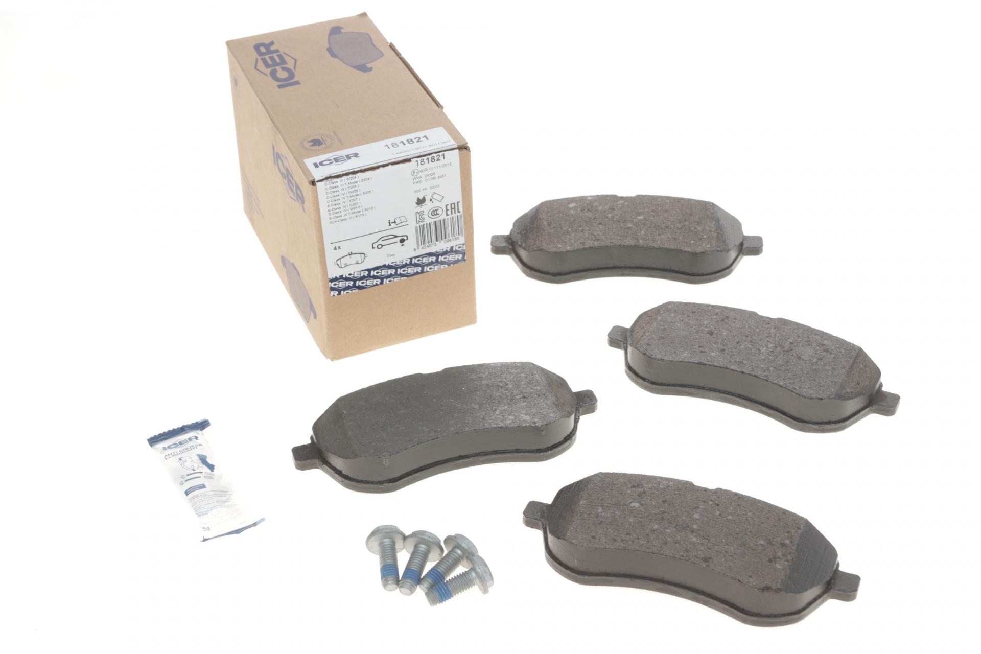 Колодки тормозные передние ICER MB C-class W204/W205 07-/E-class W212 09-16/SLK R172 11- (181821 ICER)