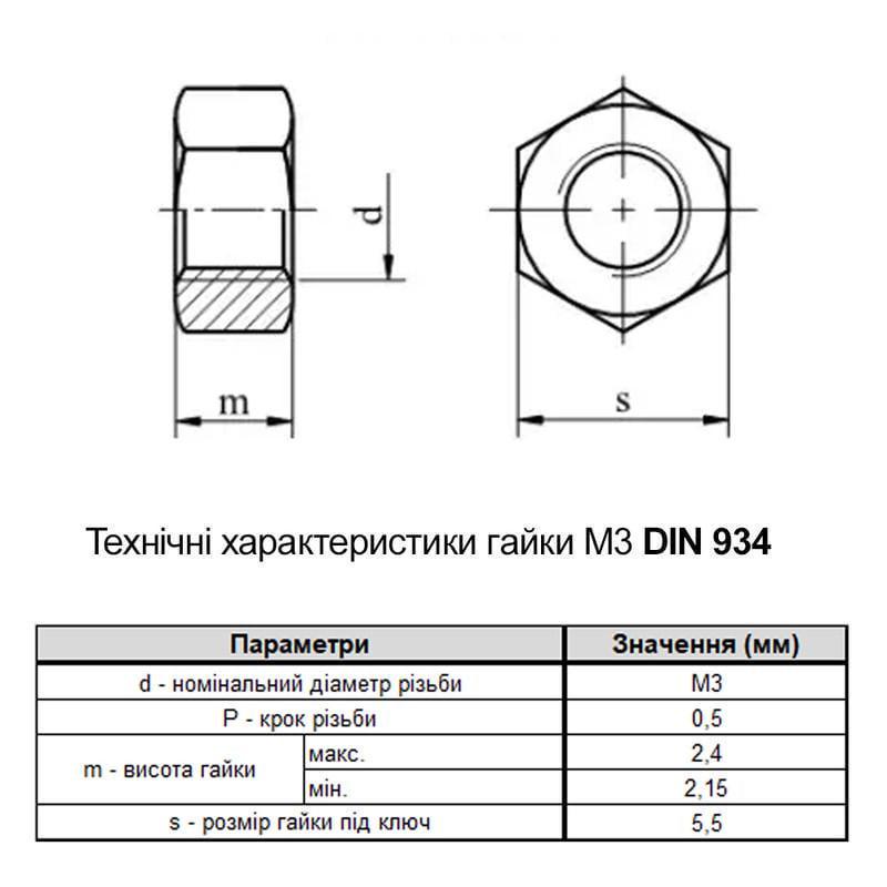 Гайка шестигранна Metalvis М3 DIN934 сталь 6 крок 0,5 під ключ 5,5 мм цинк 500 шт. Білий (602000000600320000) - фото 2