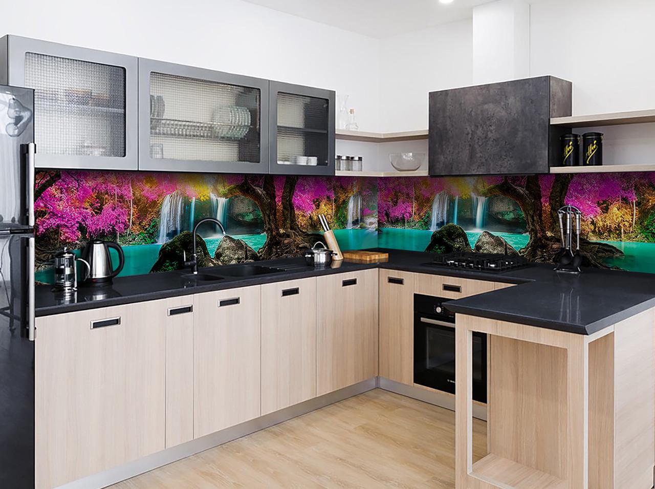 Кухонный фартук Радужные деревья озеро из самоклеящейся виниловой пленки 60х300 см Розовый