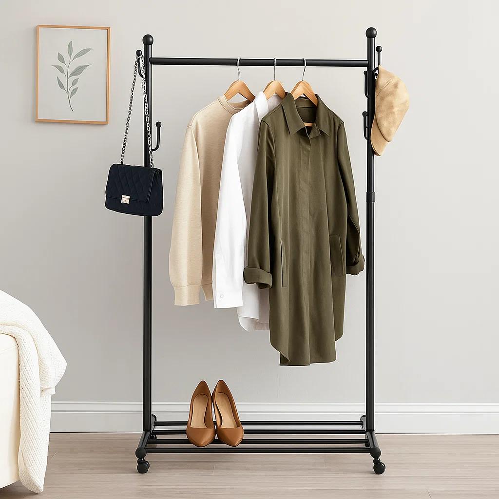 Вішалка для одягу пересувна металева зі стійкою для тремпелів і стійкою з гачками Чорний