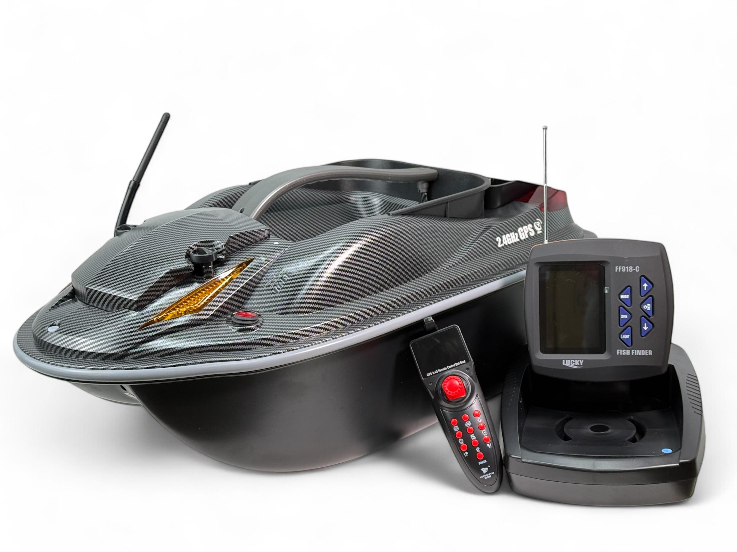 Карповый кораблик Flytec HJ817 Carbon 3 бункера GPS 9/1 с эхолотом Lucky FF918-C (AT47-1)