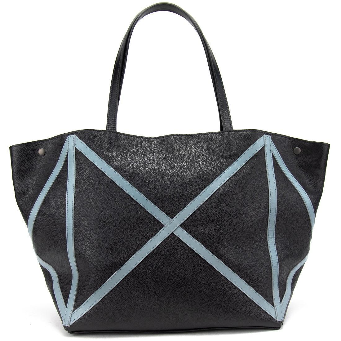 Сумка-шопер жіноча шкіряна Tavinchi CH-4835ABL-FL Чорний з блакитними швами (2768688444)