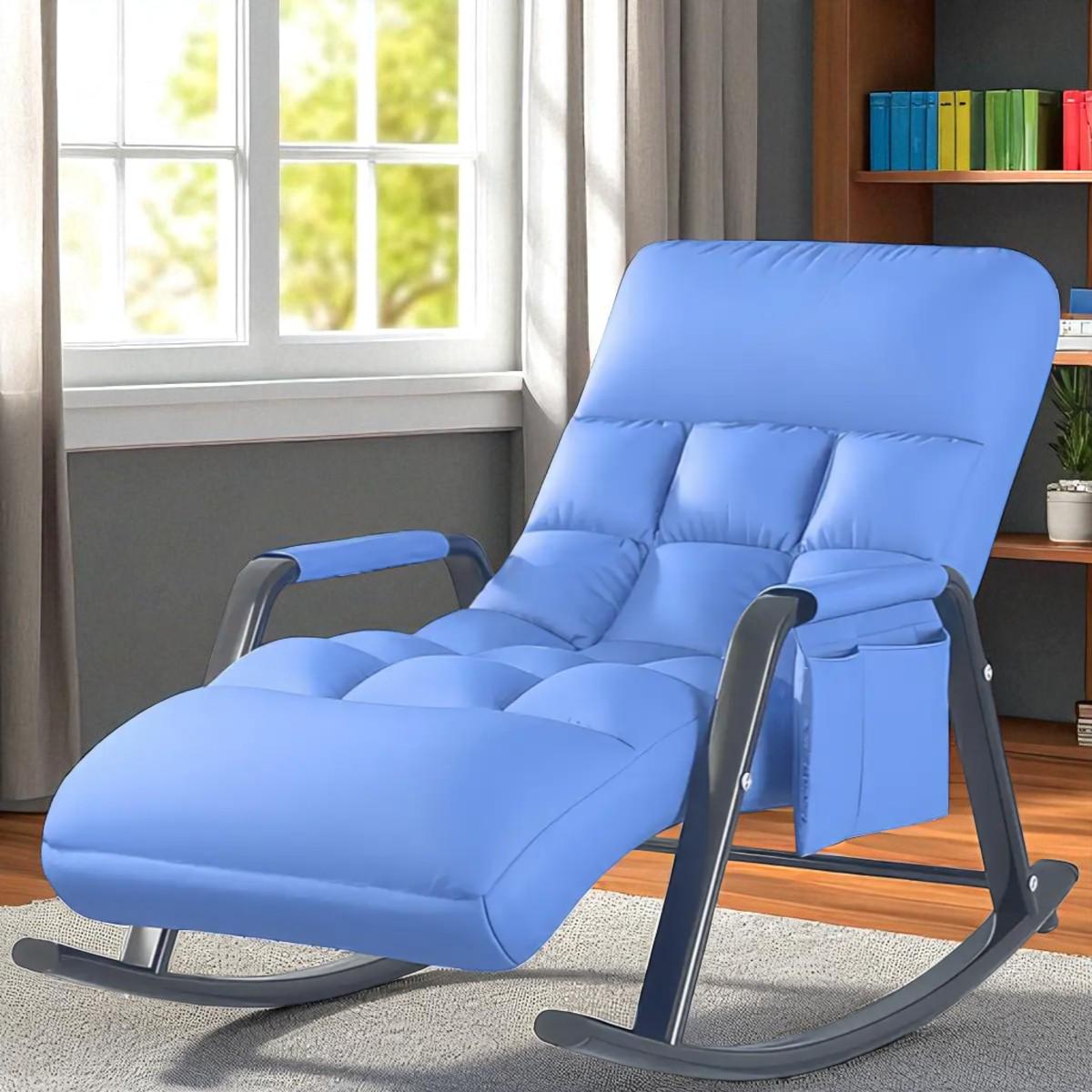 Крісло качалка з підлокітниками та боковою кишенькою регульоване 145х60х55 см Синій (Y-03)