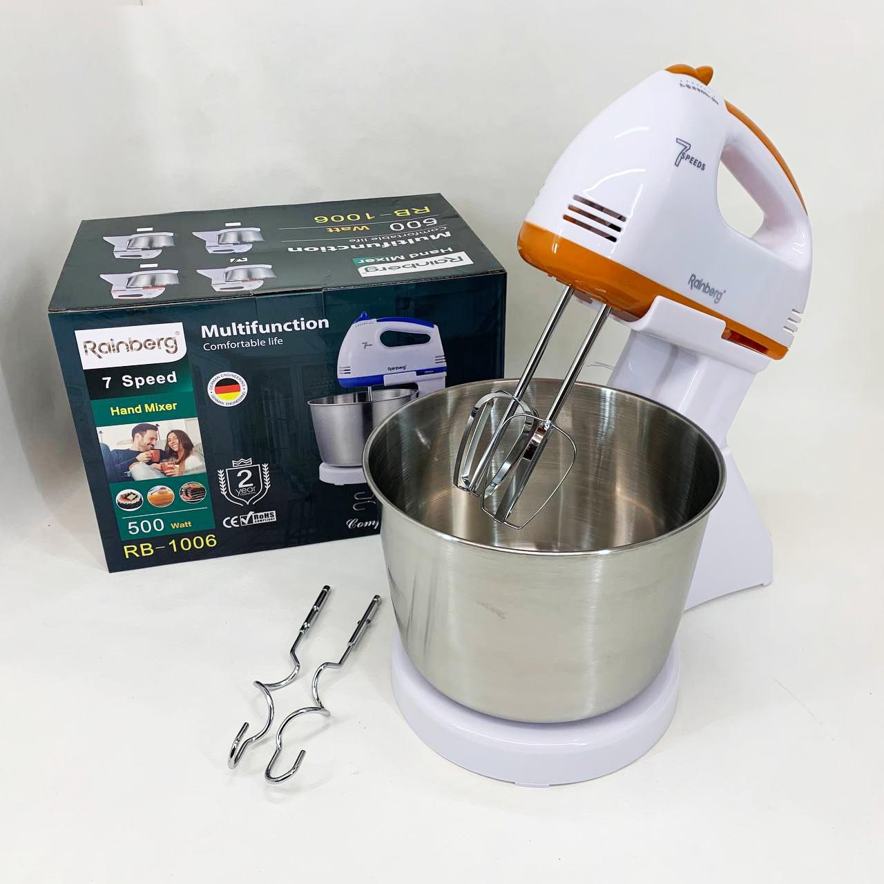 Міксер електричний стаціонарний із чашею Rainberg RB-1006 500W з насадками для замішування тіста Orange (13356316)