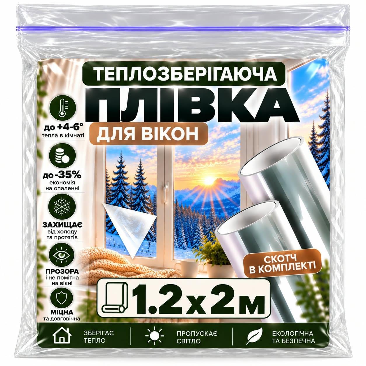 Пленка на окна теплосберегающая со скотчем 20 мкм 1,2 х2 м 2,4 м кв. (38490329)
