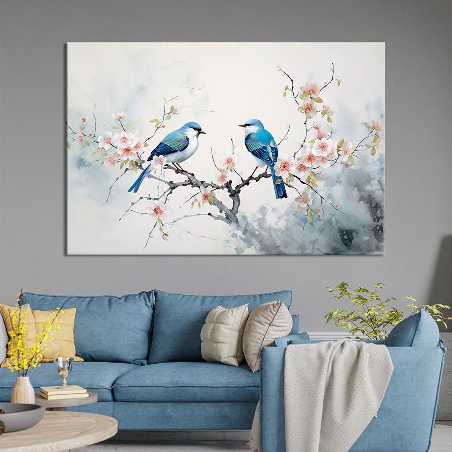 Картина на полотні Сині птахи на квітучих гілках 80x54 см (V326-1_L)