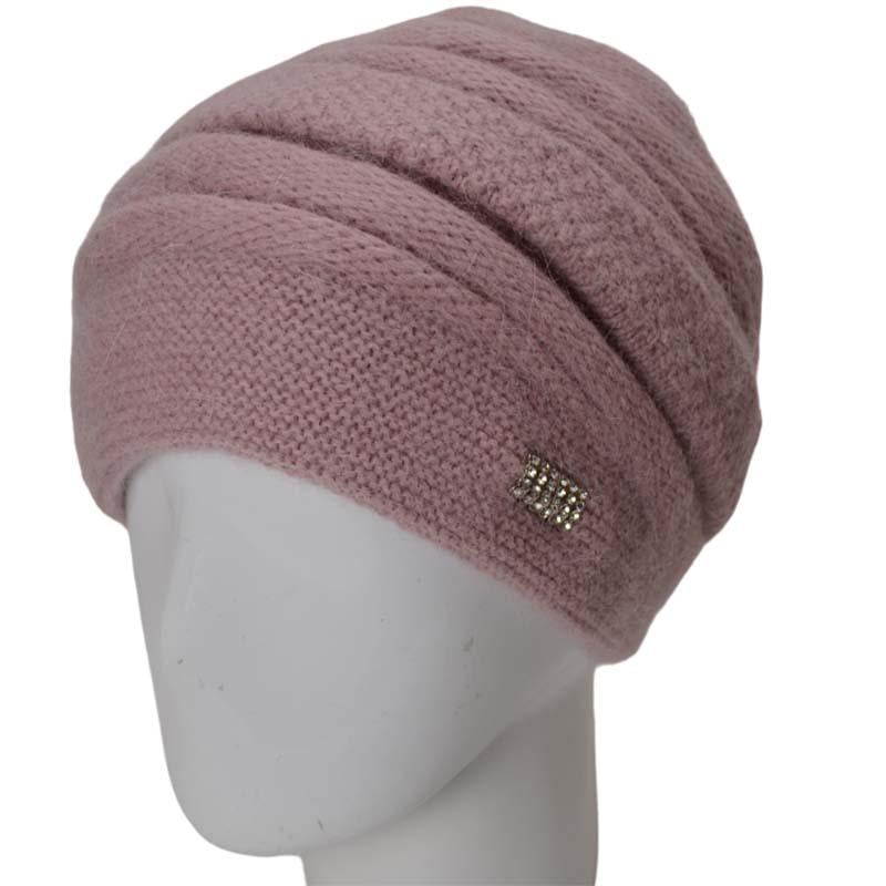 Шапка ангоровая женская Novita Медина пушистая с аккуратным узором двойная зимняя с брошью one size Пудровый
