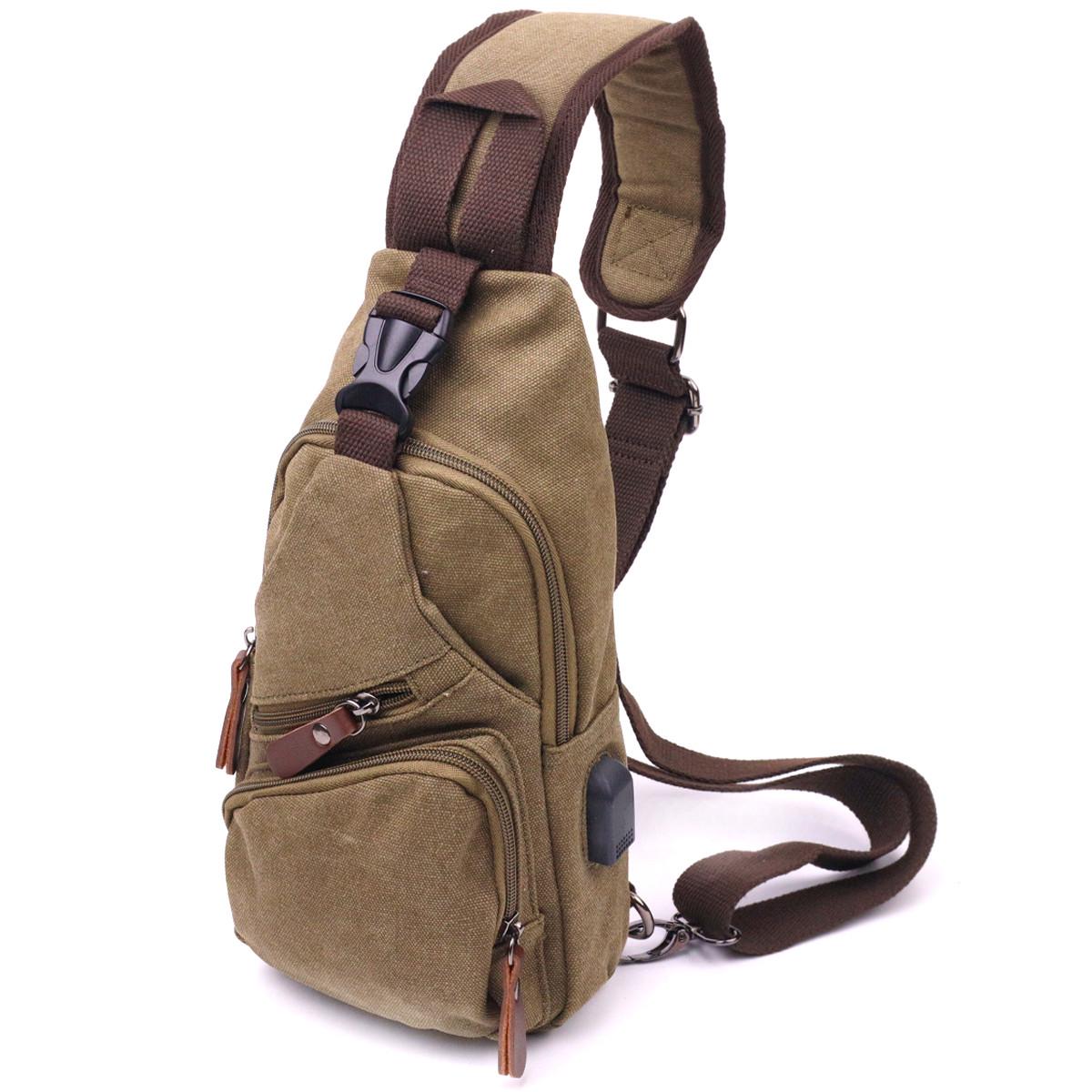 Сумка мужская через плечо Vintage 21223 с USB кабелем текстильная Оливковый (2533705723)