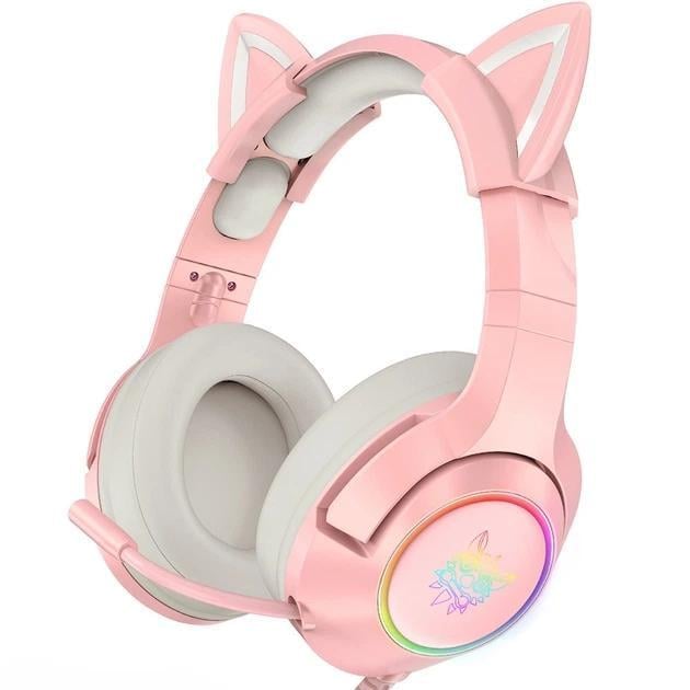 Наушники игровые Onikuma K9X Pro с кошачьими ушками микрофоном и LED-подсветкой для стриминга Розовый
