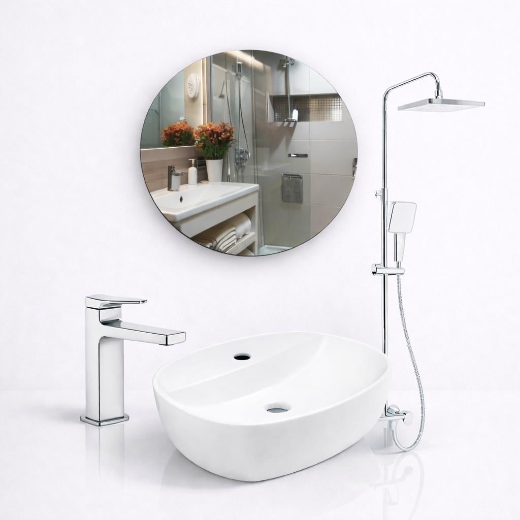 Готовый комплект для ванной Qtap душевая система на 3 потребителя с изливом и смесителем Nando Chrome и LED-зеркало Qtap и раковина Scorpio 500х380 мм