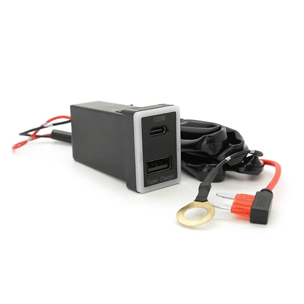 АЗУ врізне 130W-D01T03-Fuse PD+QC Type-C 100W USB 30W LED підсвічування Комплект проводів з роз'ємами та запобіжником 33x22х58 мм Black