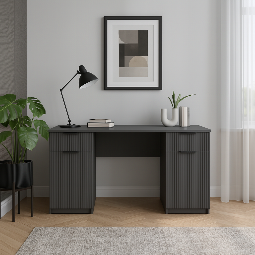 Стіл письмовий СП4 2Я2Д SENAM 750х1400х500 мм корпус ДСП Сірий Графіт фасад МДФ фарба RAL7012 Сірий фрезерерування Плаше Грос Стіл письмовий СП4 2Я2Д SENAM 750х1400х500 мм корпус ДСП Сірий Графіт фасад МДФ фарба RAL7012 Сірий фрезерерування Плаше Грос