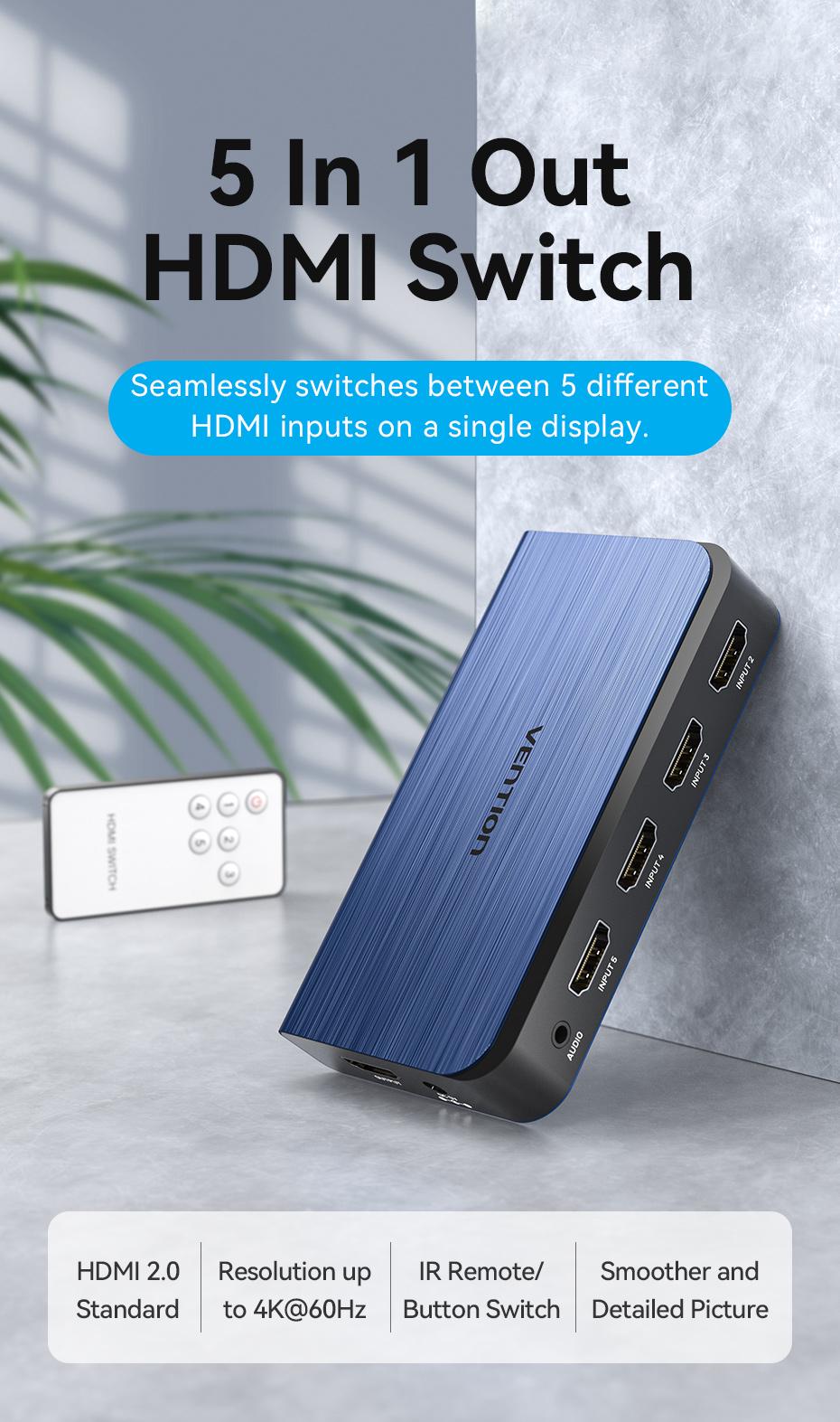 Комутатор HDMI Vention 5x1 з виведенням звуку Toslink 3,5 мм 4K 60Hz HDR HDMI 2.0 алюмінієвий з пультом ДК Синій (AKDL0) - фото 2 Комутатор HDMI Vention 5x1 з виведенням звуку Toslink 3,5 мм 4K 60Hz HDR HDMI 2.0 алюмінієвий з пультом ДК Синій (AKDL0) - фото 2