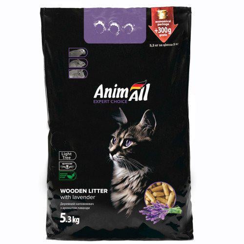 Наполнитель древесный AnimAll с ароматом лаванды для кошек 5 кг + 300 г