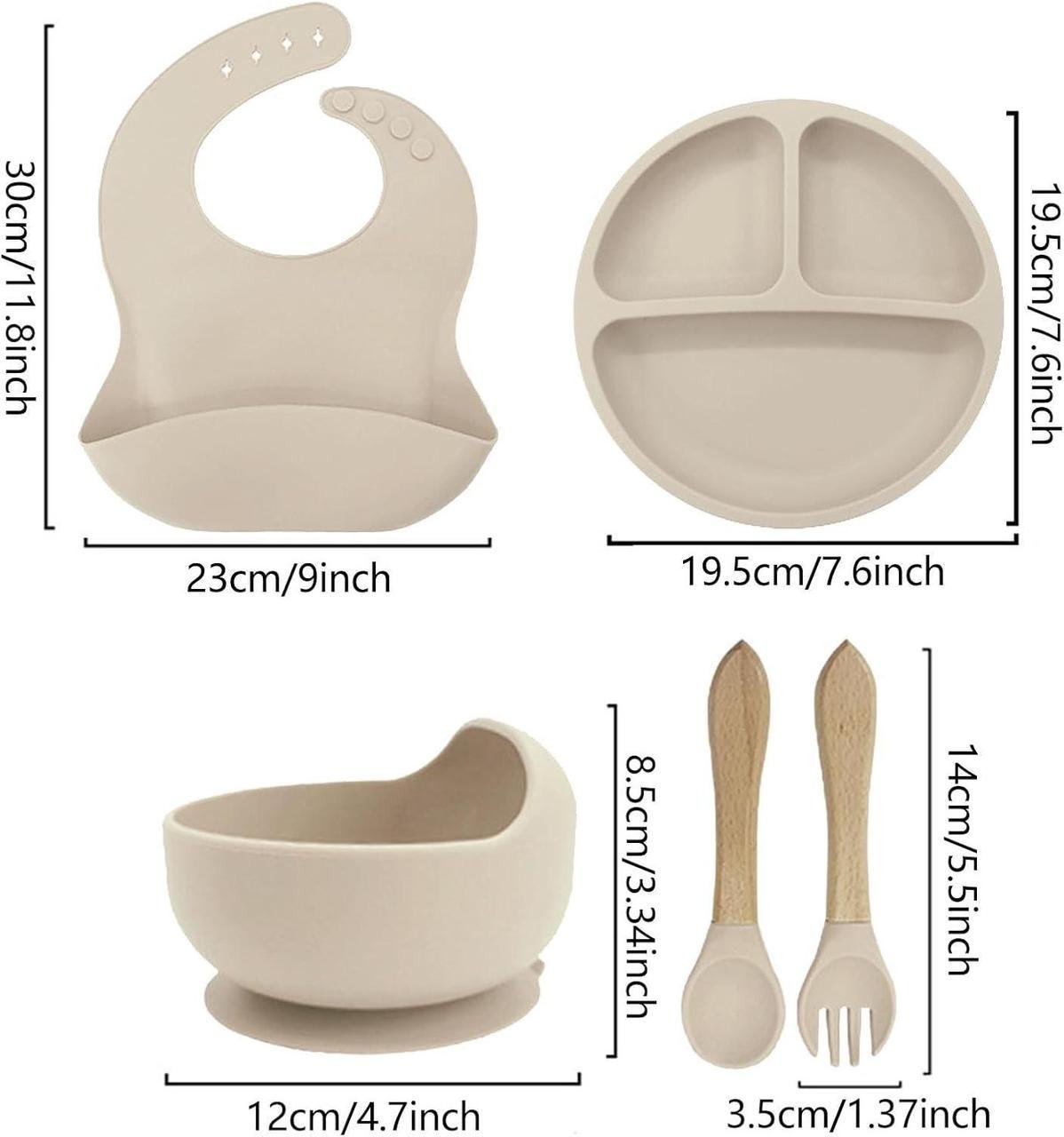 Дитячий набір посуду для годування 5в1 силіконовий Бежевий (Е051502) - фото 7