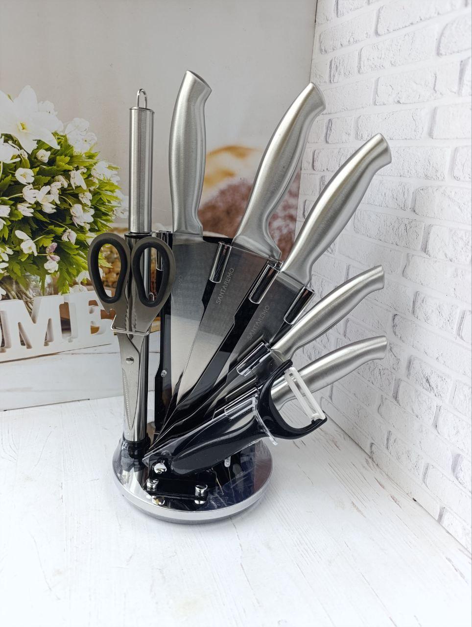 Набор кухонных ножей Santaremo ProSteel из нержавеющей стали на подставке 9 предметов Стальной (23010024)
