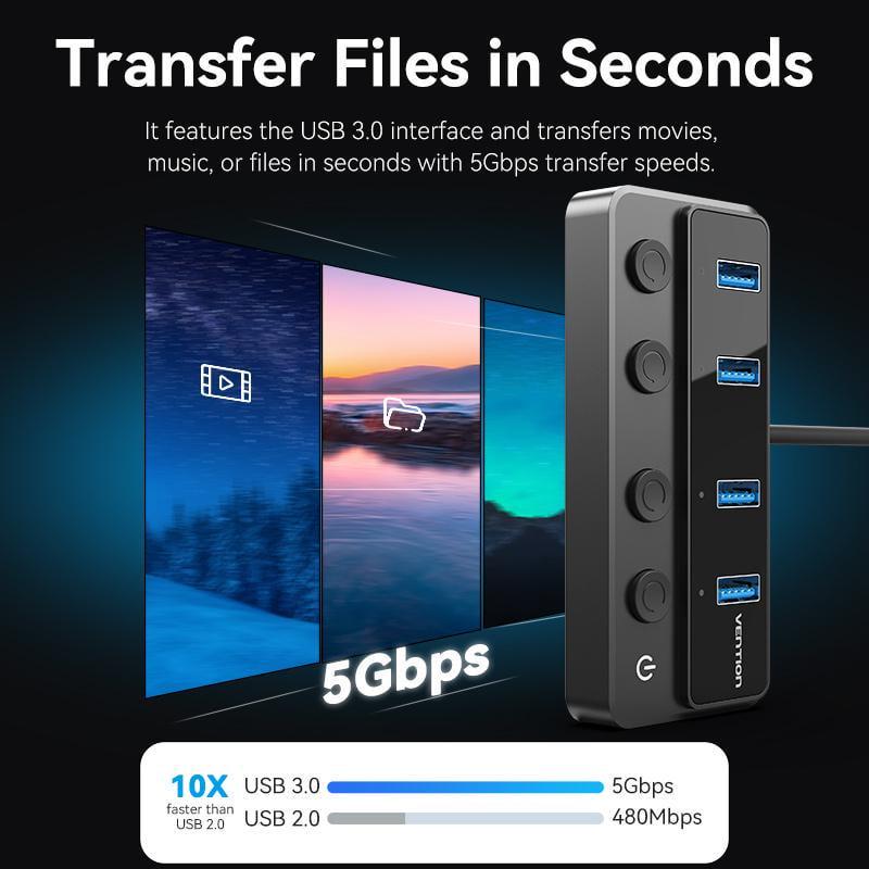 USB-хаб Vention USB-4x USB 3.0/Type-C 5 Гбит/с USB-A 1 м Черный (CHWBF) - фото 4