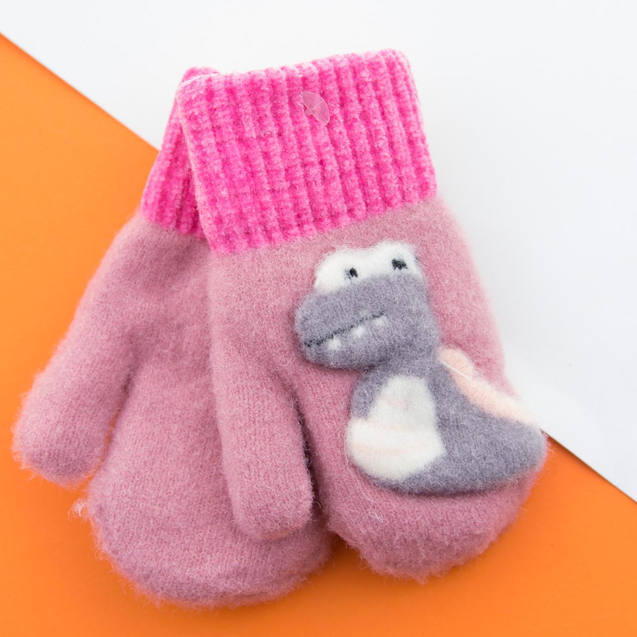 Варежки для малышей зимние с мехом 0,6 - 1 год с дракончиками Розовый (22-7-27)