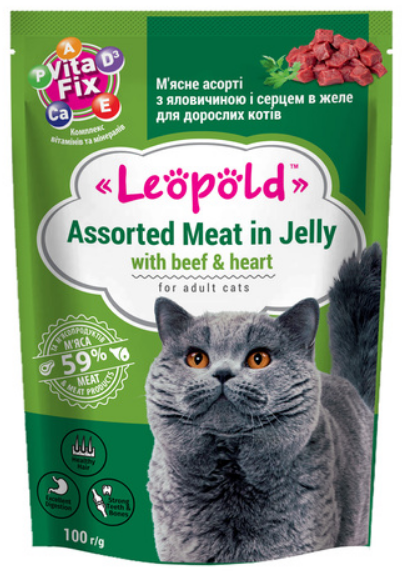 Корм для котів вологий Леопольд Асорті з яловичиною і серцем в желе 100 г (00-00026864)