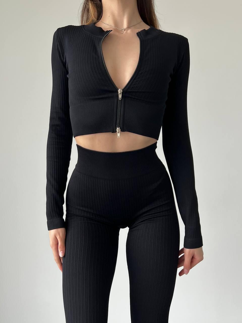 Костюм спортивный в рубчик рашгард/леггинсы с пуш-ап эффектом L Черный (HM01L)