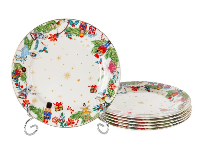 Набор из шести фарфоровых тарелок Lefard White christmas 922-103 с новогодним принтом 19 см Белый