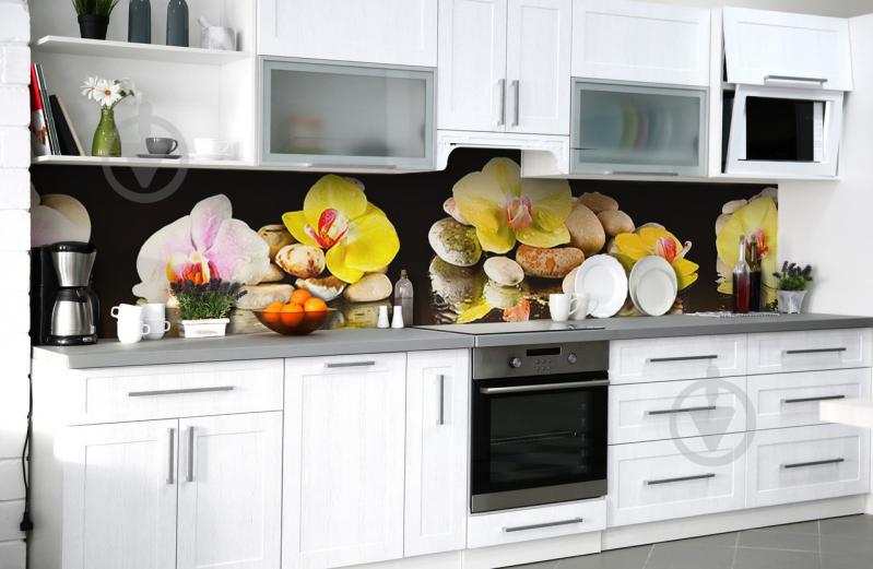 Скинали на кухню Zatarga «Орхидеи на камнях» 600х2500 мм виниловая 3Д наклейка кухонный фартук самоклеящаяся