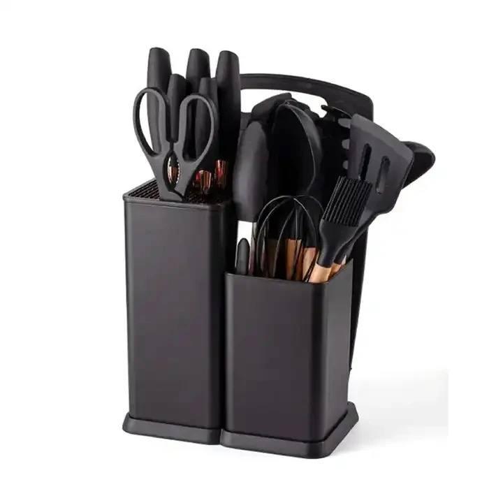 Набор кухонных принадлежностей с подставкой и доской 19 шт. Черный