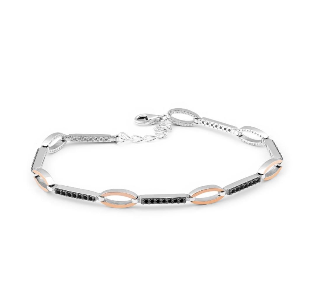 Браслет на руку с черными камнями и золотой пластиной из серебра 925 пробы 17-20,5 см 6,12 г (1008)