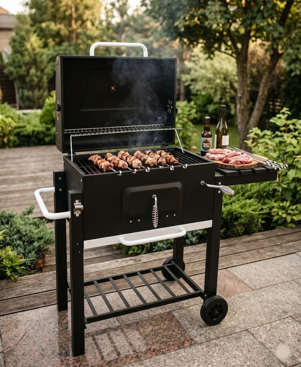 Гриль угольный с крышкой BBQ на колесах с решеткой Черный (GW-01)