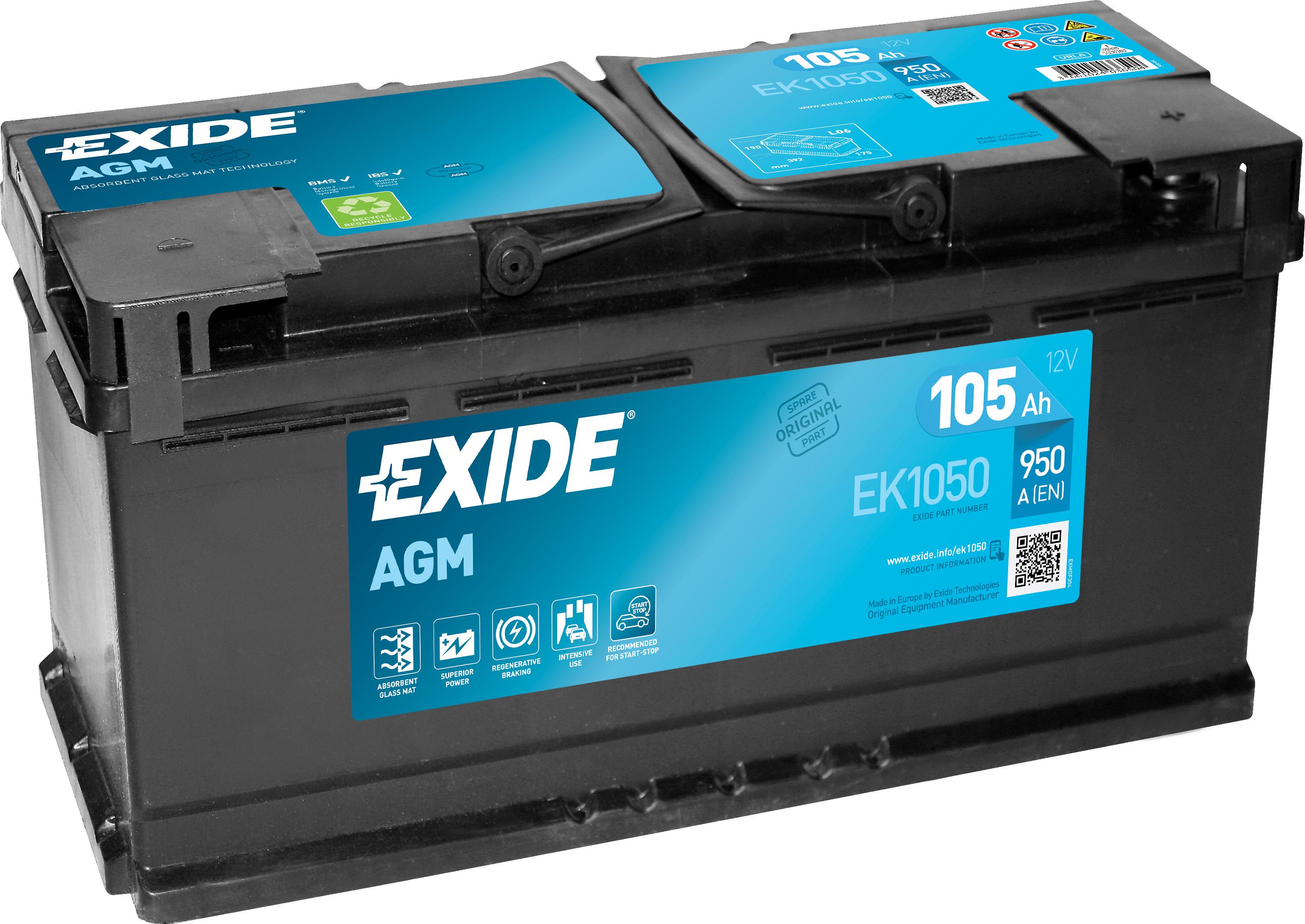 Аккумулятор автомобильный EXIDE Start-Stop AGM EK1050 EN 6СТ-105Ah АзЕ 950A (76069)