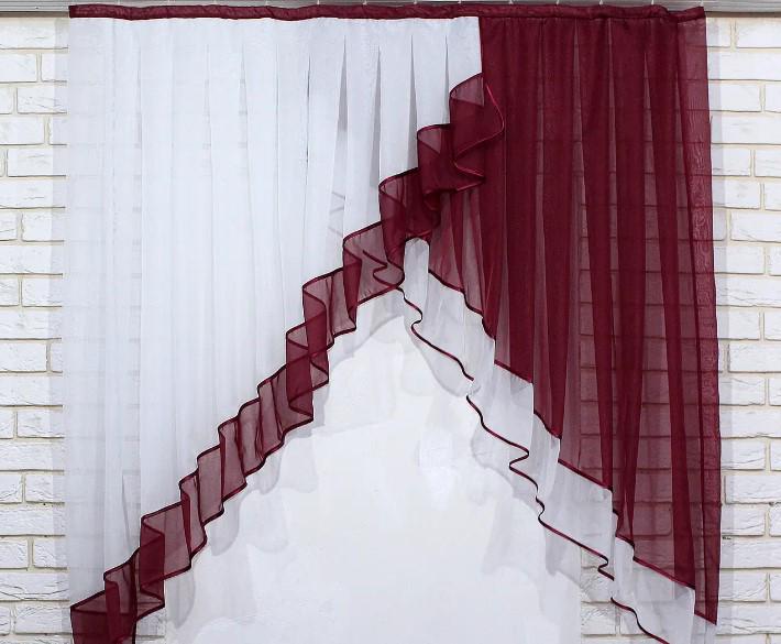 Шторки кухонные с ламбрекеном подвязками 150х150 см Белый/Бордовый (023к)