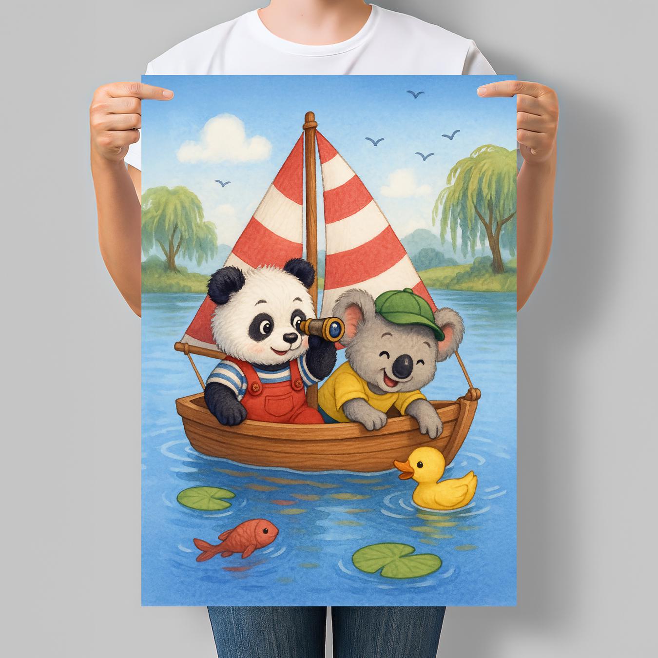 Постер для дитячої кімнати Панда і Коала плавають на кораблику 30x42 см A3 без рамки (DYT010_A3)