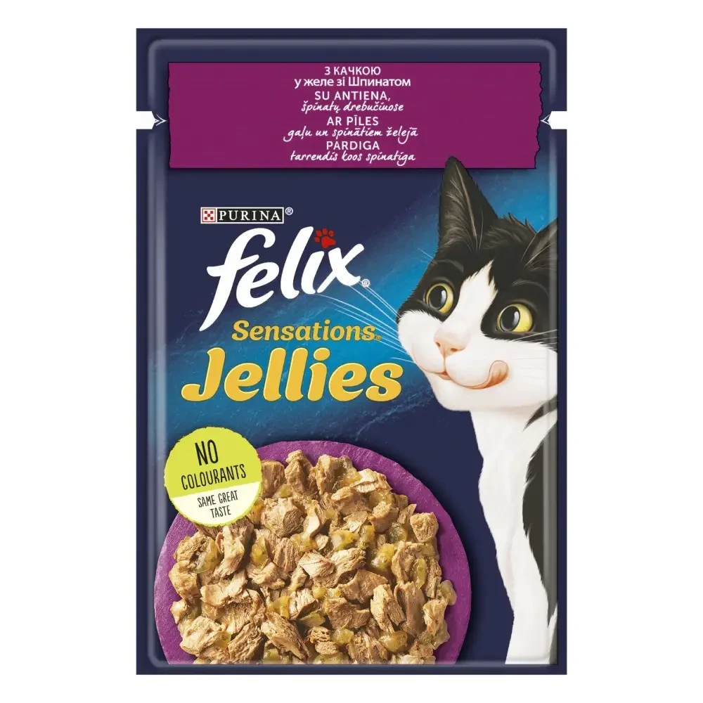 Вологий корм для котів Felix Sensations Jellies качка та шпинат 85 г (7613039831281) Вологий корм для котів Felix Sensations Jellies качка та шпинат 85 г (7613039831281)
