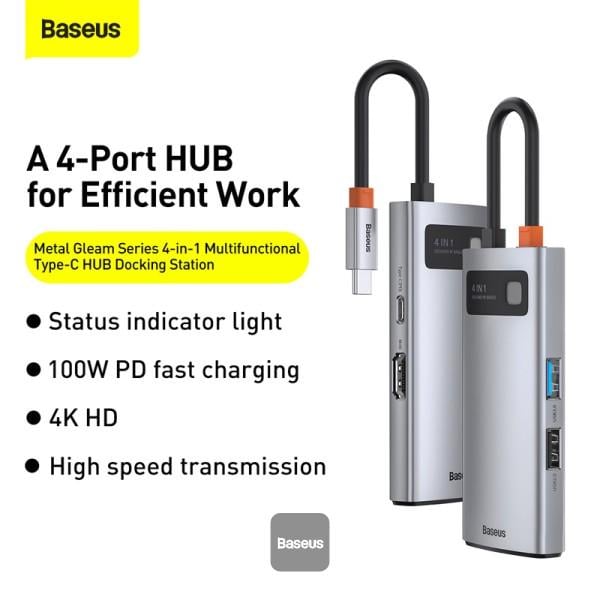 USB-хаб Baseus Metal Gleam Series 4-1 Multifunctional Type-C HDMI USB 3,0 USB 2,0 Серый - фото 4