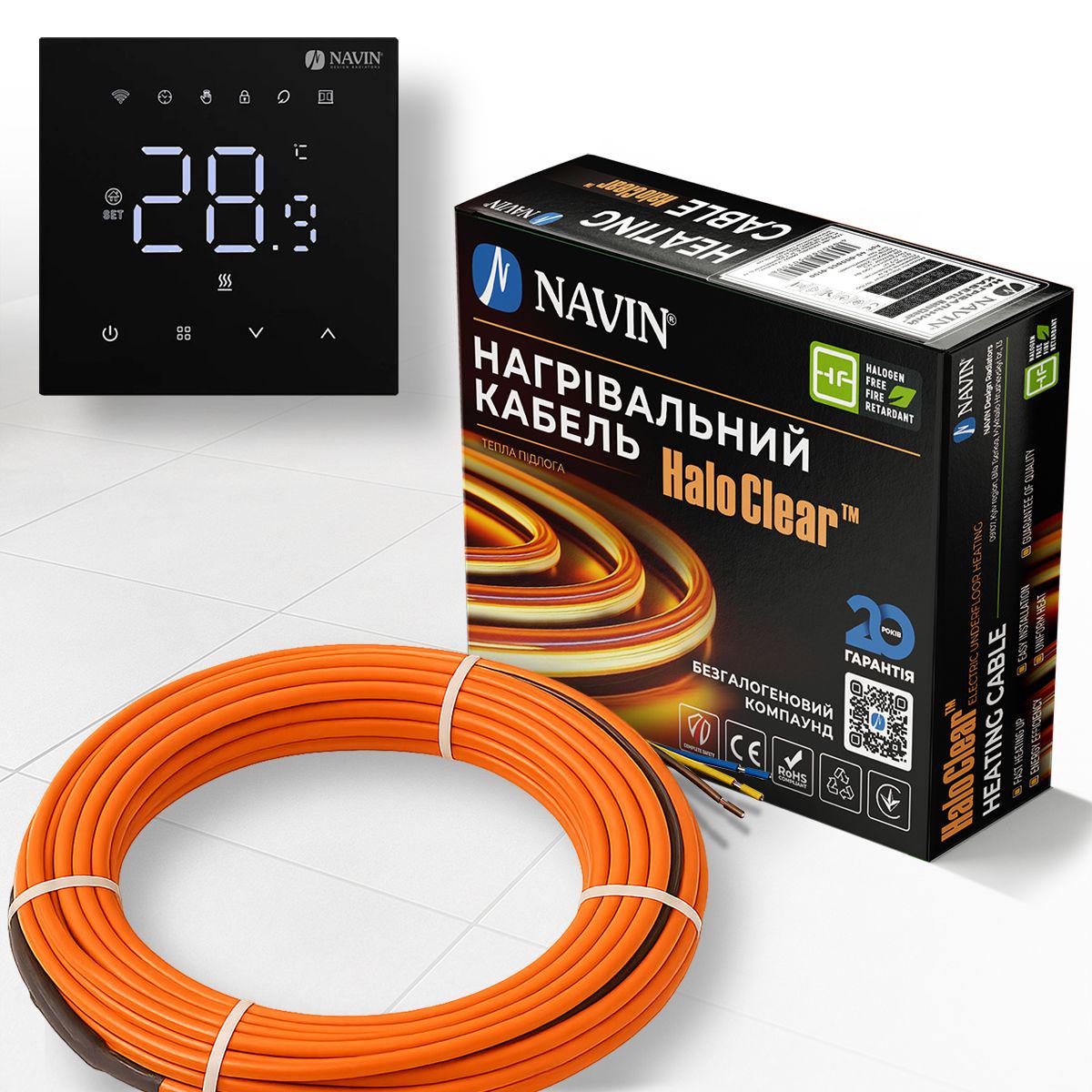 Комплект теплого пола NAVIN HaloClear Comfort 260 Вт/1,4-1,7м2 14,5 м нагревательный кабель и терморегулятор WT410 W-16A с Wi-Fi Черный матовый