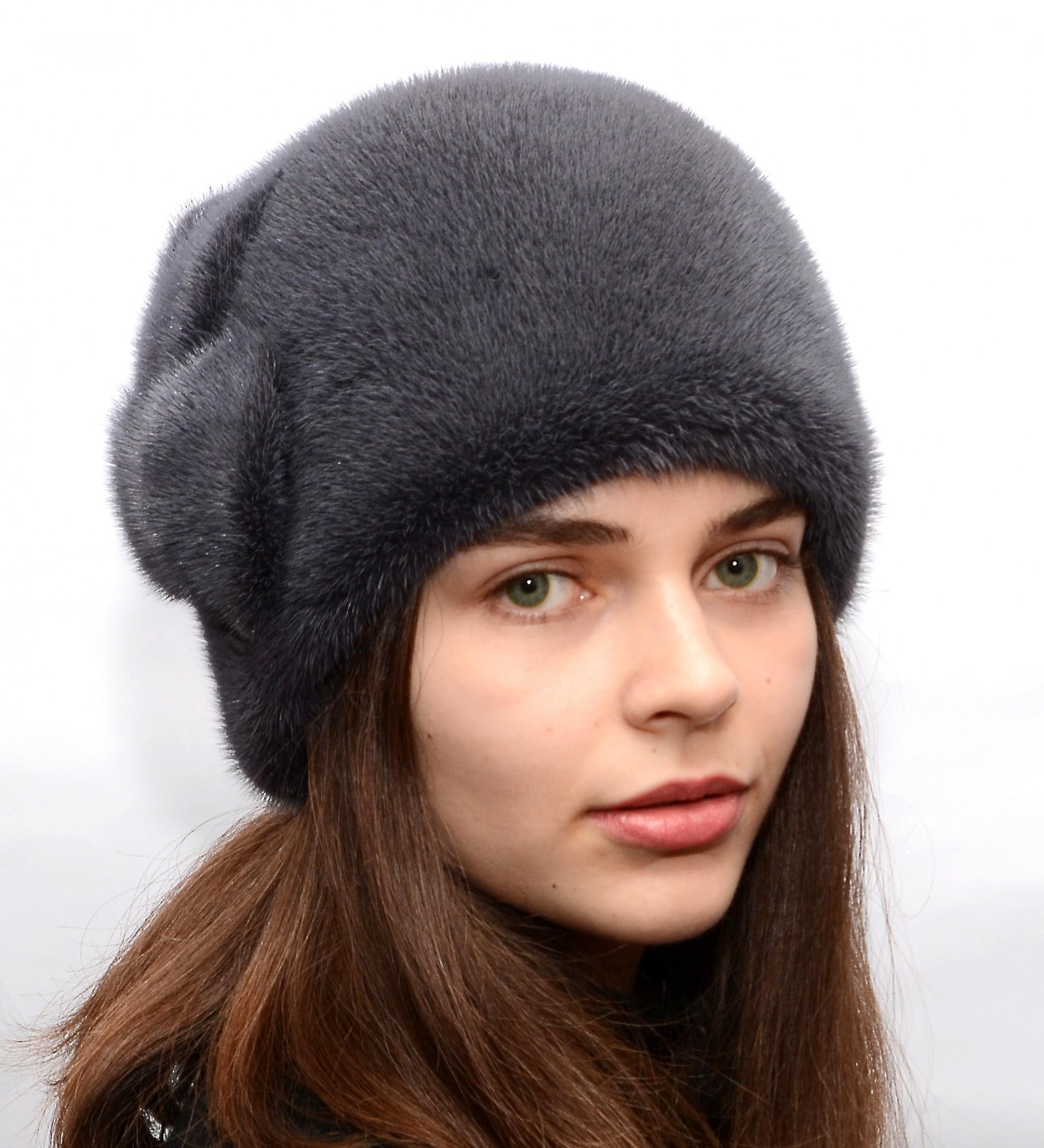 Женская кубанка Меховой стиль Шарик с листочками из натурального меха норки M-L Средний ирис (046/D)