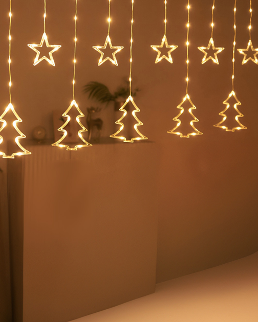 Гірлянда мережева у формі зірочок та ялинок 10 фігур 3х0,9 м 120 LED лампочок Жовтий (1733072Y)