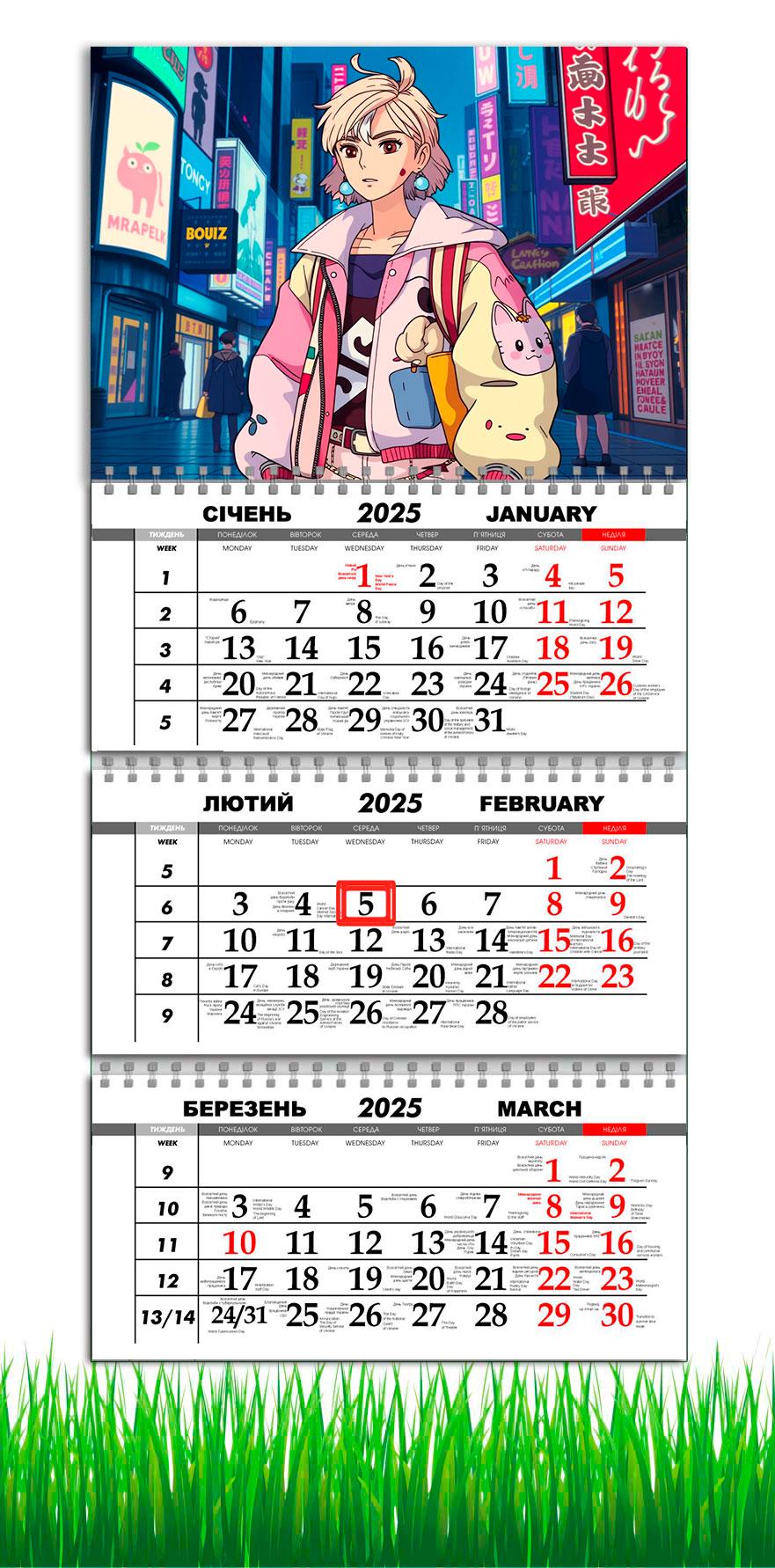 Календарь настенный квартальный на 2025 год APRIORI Аниме на 3 пружины 30х61 см (UA3050)