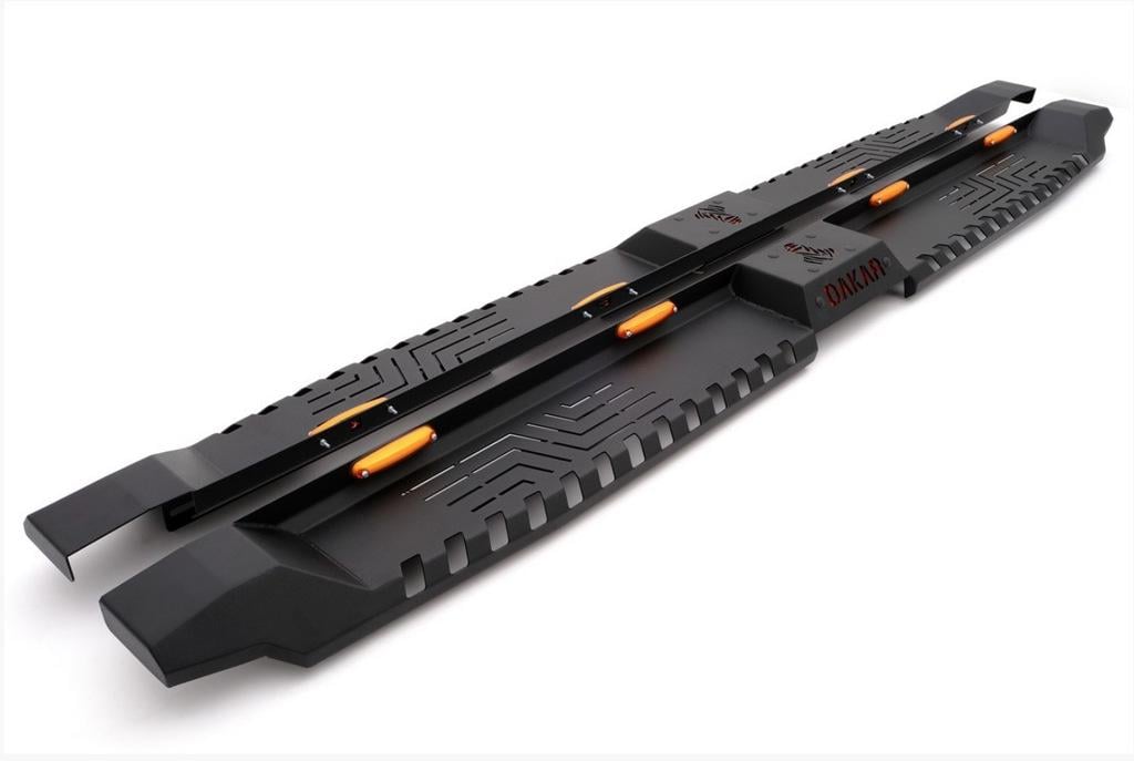 Боковые пороги Dakar V2 с LED Omsa Line для Mitsubishi L200 2015-2025 гг. черный металл Черный