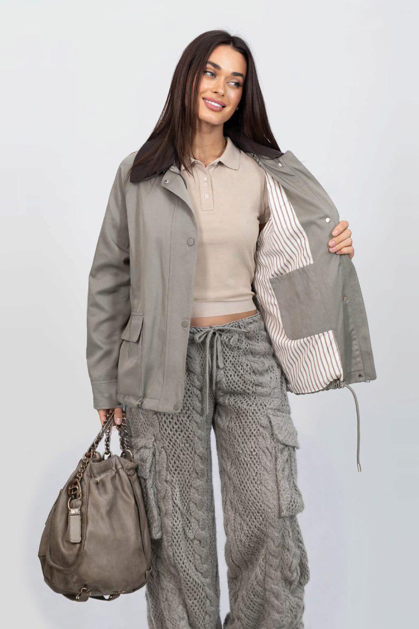 Куртка-бомбер женская с кожаным воротником M Оливковый (33305351)