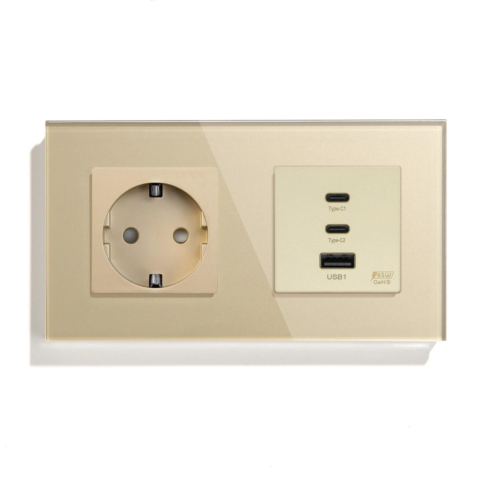 Розетка настенная LUXION с USB-A/USB-C 65Вт дизайнерская стеклянная рамка Золотой (LX-M1F65W-GD)