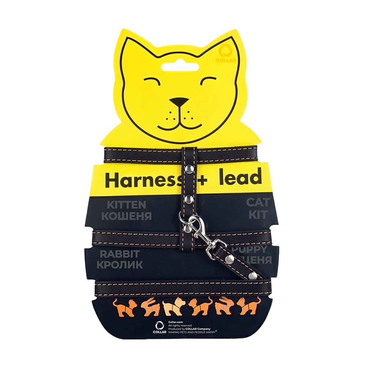 Шлея CoLLaR з повідцем шкіряна на планшеті для котів ширина 12 мм А:22-30 см В:30-40 см довжина 122 см Чорний