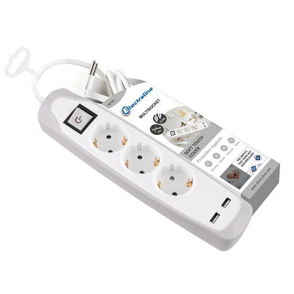 Фільтр-подовжувач мережевий побутовий Electraline з заземленням на 3 розетки з кнопкою 2 USB типу-A 3х1 мм 2 м Білий (62153)